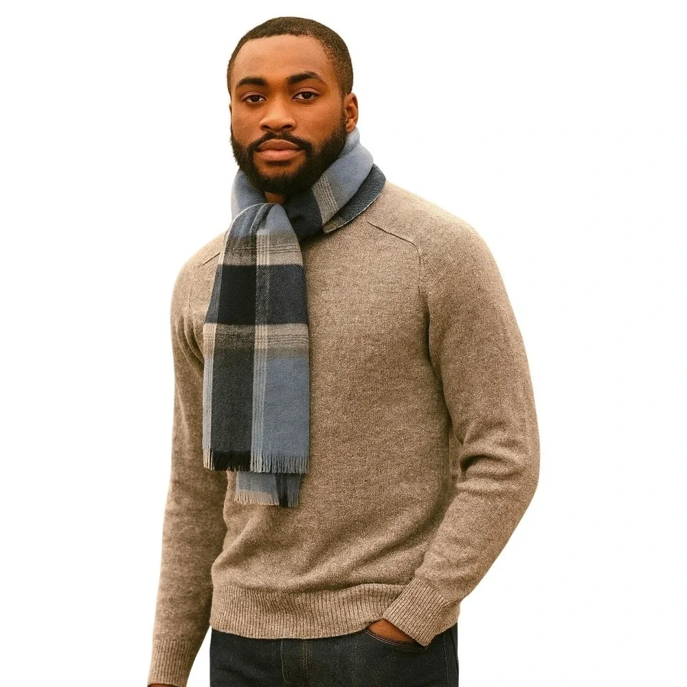 Danier 100% Wool Blue Plaid Scarf Fringed Edges Unisex Plaidcore Cabincore Cozy